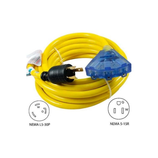 Conntek SJTW Locking Extension Cord, 10 AWG, 10/3, 3 Outlets, 5-15R, Yellow, L5-30P, 25 ft 20311-025 - main